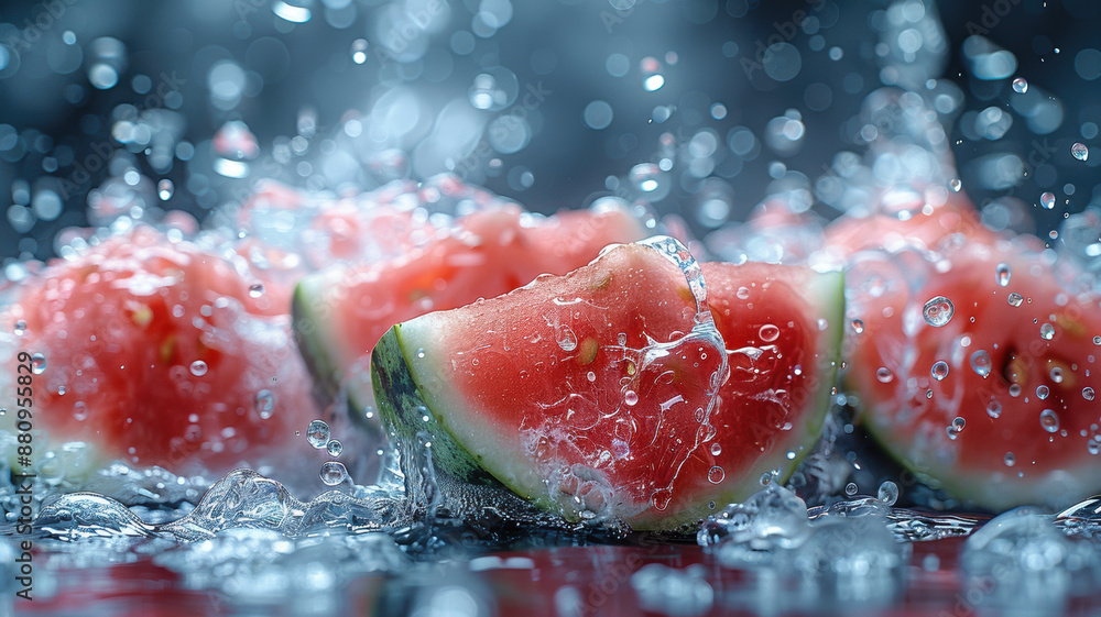 A high-detail and realistic poster photo showcasing a refreshing and cold watermelon, designed as an advertisement to highlight its freshness. A high-detail and realistic poster photo showcasing a refreshing and cold watermelon, designed as an advertisement to highlight its freshness.
