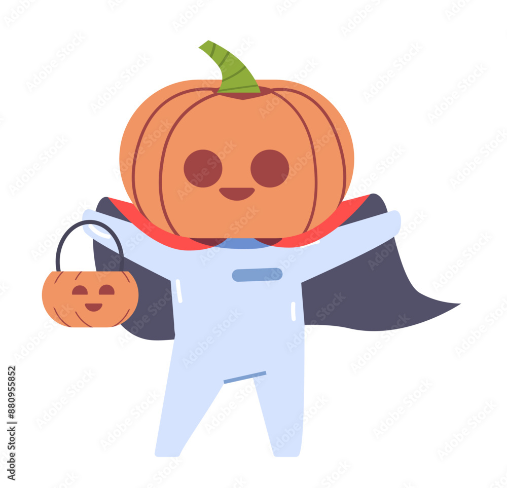 Funny pumpkin head character with cloak on isolated background. Halloween mascot flat vector illustration Funny pumpkin head character with cloak on isolated background. Halloween mascot flat vector illustration