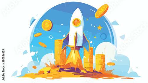 Background of start up rocket idea and golden stacks.
