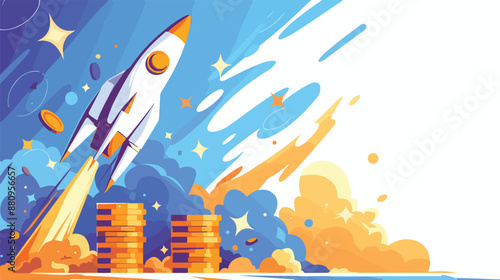 Background of start up rocket idea and golden stacks.