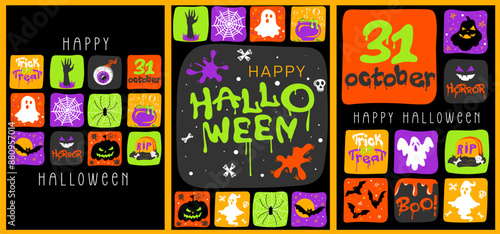 Set of vertical Halloween templates with pumpkins, ghosts, bats and spiders. Hand drawn colorful doodle collage, great for Halloween banners, posters, card and invitation. Vector illustration