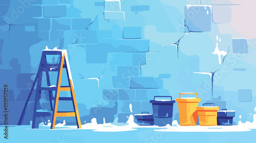 Background of wall with paint cans and ladder 