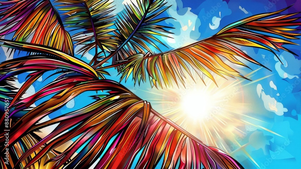 An artistic capture of palm leaves silhouetted against a bright An artistic capture of palm leaves silhouetted against a bright