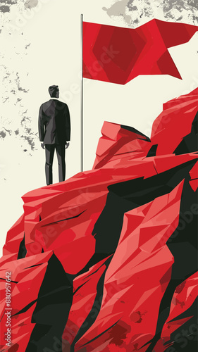 Businessman Facing Red Flag on Rugged Terrain: Leadership and Overcoming Challenges Vector Illustration