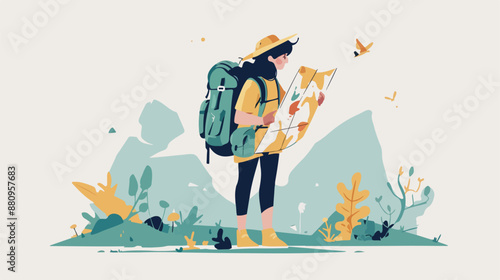 Backpacker looking at map. flat vector style isolated