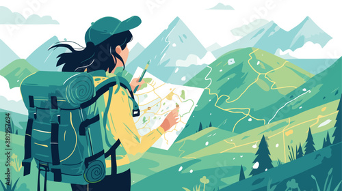 Backpacker looking at map. flat vector style isolated