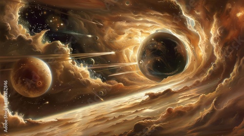 An artistic depiction of a cosmic portal with planets and moons inside The scene is framed by a textured photo