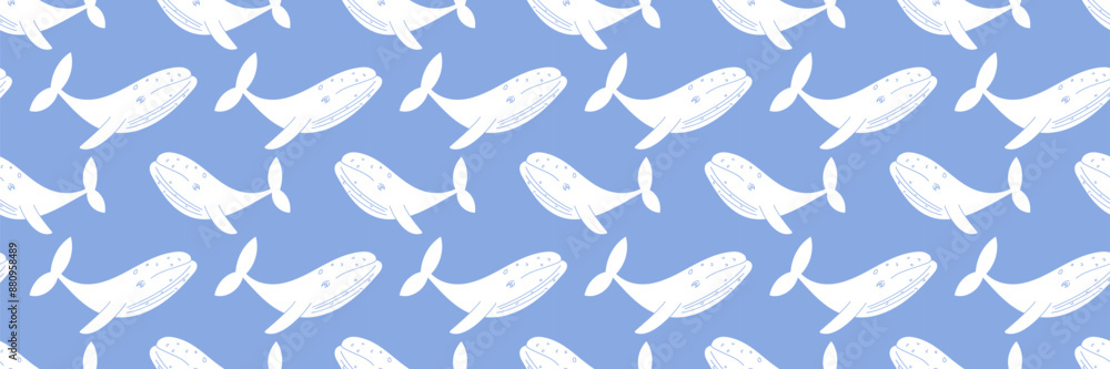 Whale seamless pattern. Abstract vector banner for decor, print, wallpaper. Blue background Whale seamless pattern. Abstract vector banner for decor, print, wallpaper. Blue background