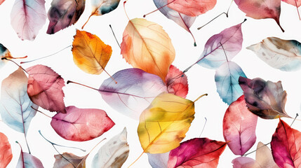 Colorful watercolor autumn leaves seamless pattern on white background