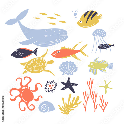 Cartoon fish, corals, clams, whale, tortule and jellyfish. Sea, Underwaterlife. Vector illustration