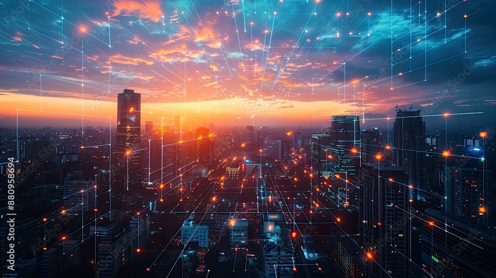 Fototapeta premium A city skyline at dusk with illuminated buildings showcasing advanced urban data management systems