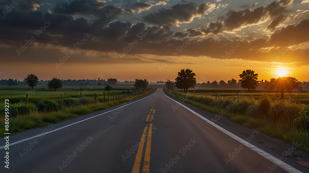 Fototapeta premium Beautiful sun rising sky with asphalt highways road in rural sce photography 8k ultra hd photo image picture best download