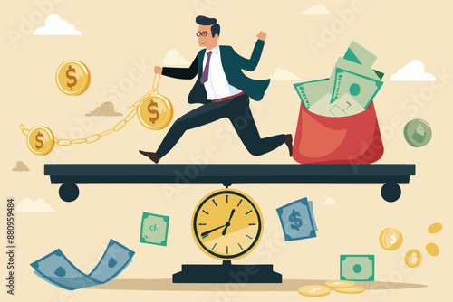 Dynamic Businessman Balancing Time and Money: Financial Success Concept Vector Illustration