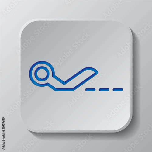 Half scissors with cut line simple icon vector. Flat design. Paper cut design. Cutted blue symbol with shadow. Gray badge button, gray background