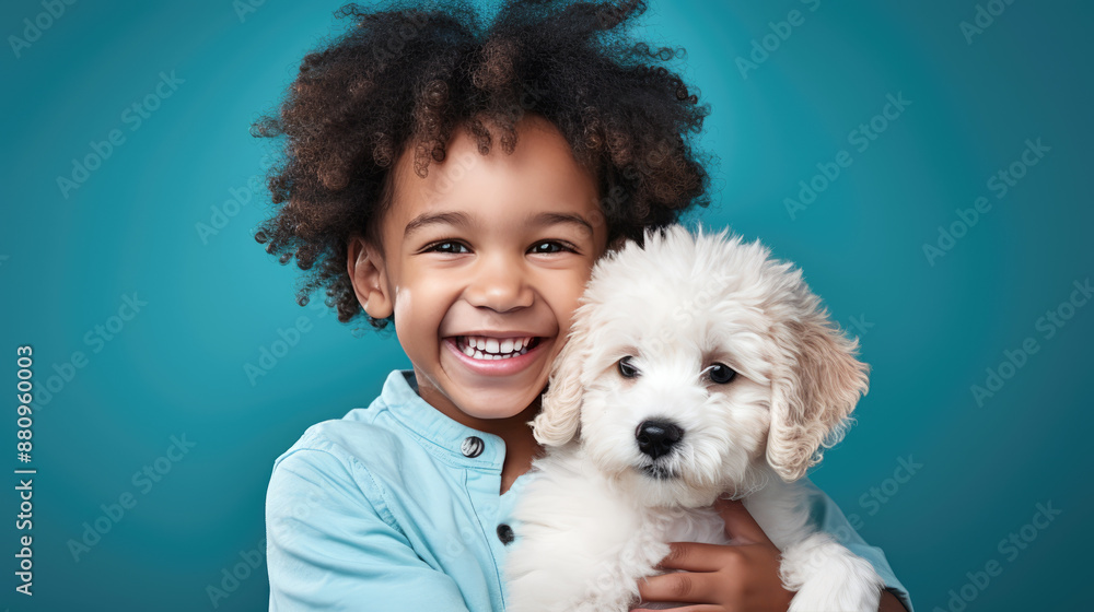 generated illustration adorable american african with puppy isolated on blue background generated illustration adorable american african with puppy isolated on blue background