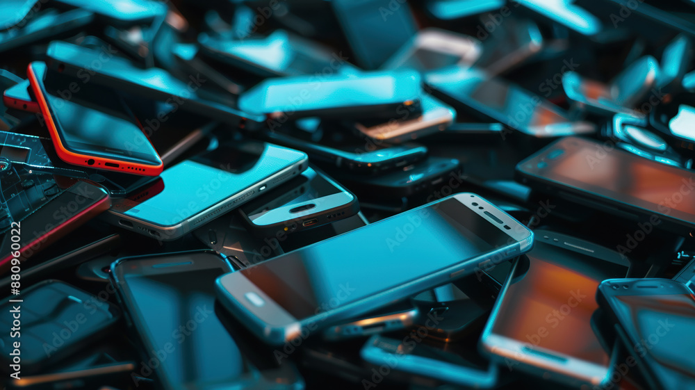 Multiple mobile phones are stacked on a table against a backdrop showcasing various types and models of smartphones, illustrating concepts related to technology, advertising, sales, or marketing. Multiple mobile phones are stacked on a table against a backdrop showcasing various types and models of smartphones, illustrating concepts related to technology, advertising, sales, or marketing.