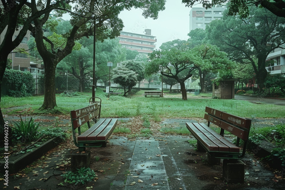 Empty benches in serene urban park Empty benches in serene urban park