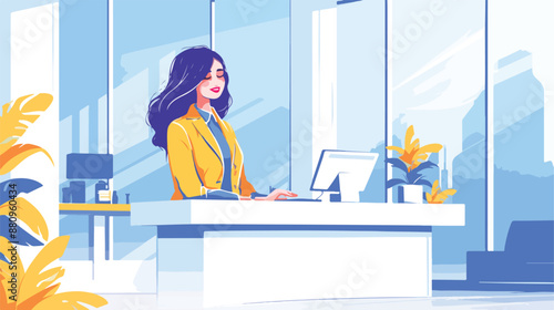Bank office or hotel reception with receptionist smile