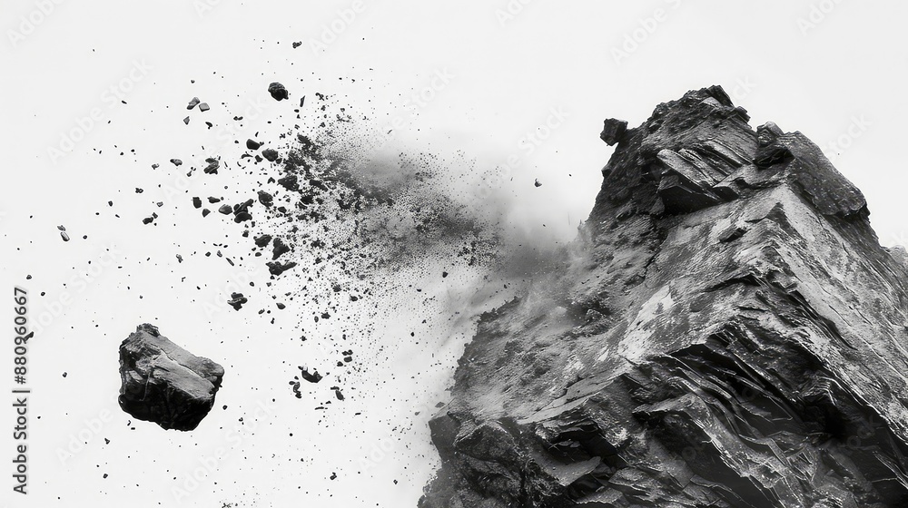 Rock stone white background fall black falling space isolated splash ...