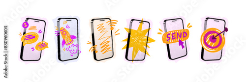 Halftone smartphone collage set, vector phone screen business communication doodle, message screen. Social media hand drawn scribble, chat notification, rocket, SMM target. Halftone smartphone pop art