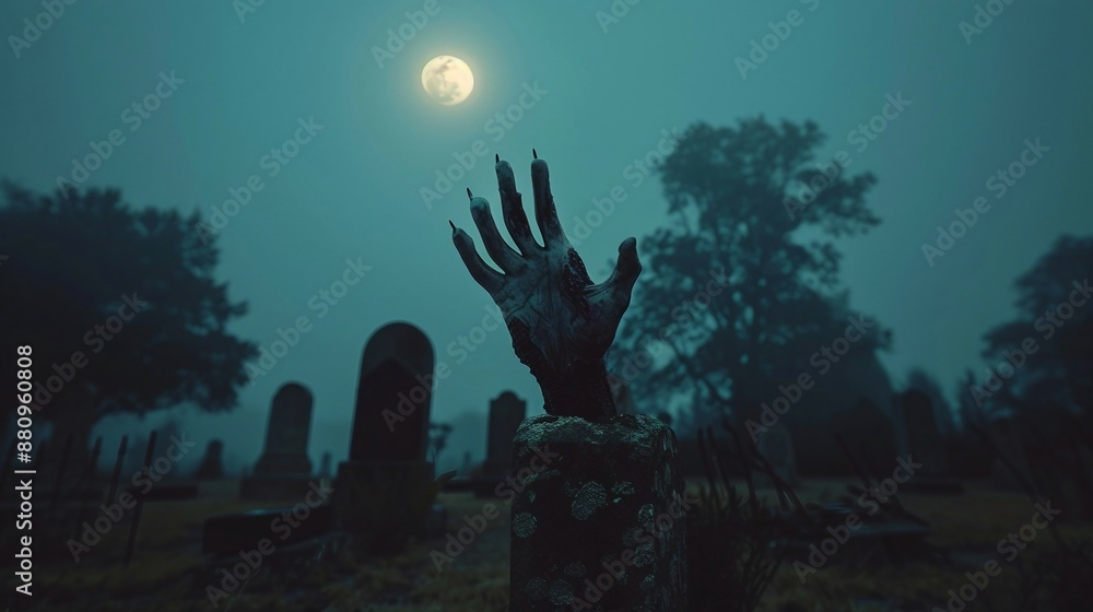 Spooky Scene of a Zombie Hand Emerging from a Grave in a Moonlit Cemetery. Generative AI Spooky Scene of a Zombie Hand Emerging from a Grave in a Moonlit Cemetery. Generative AI