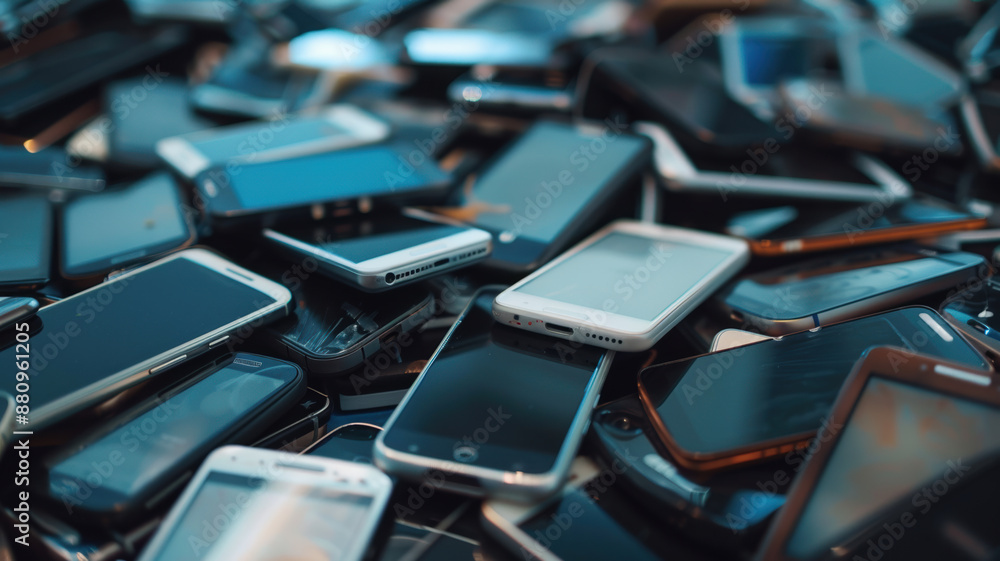 Multiple mobile phones are stacked on a table against a backdrop showcasing various types and models of smartphones, illustrating concepts related to technology, advertising, sales, or marketing. Multiple mobile phones are stacked on a table against a backdrop showcasing various types and models of smartphones, illustrating concepts related to technology, advertising, sales, or marketing.