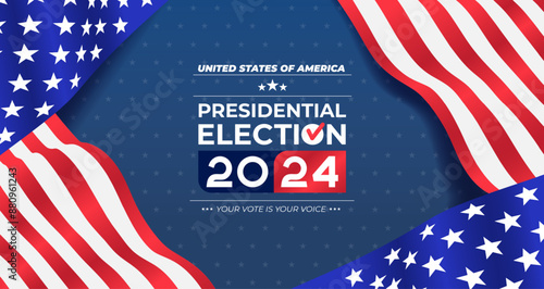 2024 US Election campaign poster. Template Presidential Election 2024. Make your choice Patriotic american. Poster, card, banner and background. Vote day, November 5. Design vector illustration.