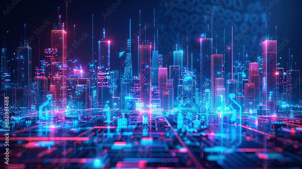 Obraz premium Futuristic city skyline with holographic projections illustrating urban development plans