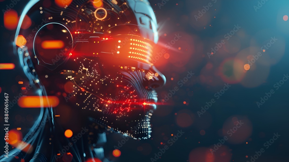 Futuristic robot with a detailed face and glowing eyes, set against a dark blue background with a subtle bokeh effect. Futuristic robot with a detailed face and glowing eyes, set against a dark blue background with a subtle bokeh effect.