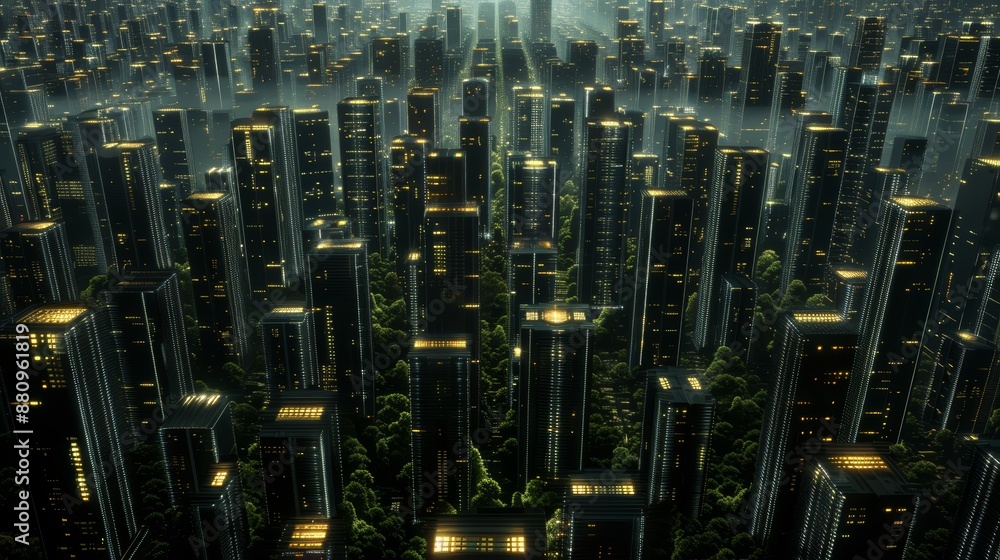 Illuminated futuristic cityscape at night with dense high-rise buildings and green spaces, showcasing modern architecture and urban planning. Illuminated futuristic cityscape at night with dense high-rise buildings and green spaces, showcasing modern architecture and urban planning.