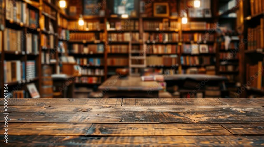 A wooden counter in the foreground with a blurred background of a vintage bookstore. The background includes tall bookshelves filled with old books and comfortable reading nooks. A wooden counter in the foreground with a blurred background of a vintage bookstore. The background includes tall bookshelves filled with old books and comfortable reading nooks.