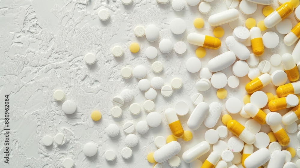 White and yellow pills and capsules spread on the table with room for text Healthcare background Household medicine storage White and yellow pills and capsules spread on the table with room for text Healthcare background Household medicine storage