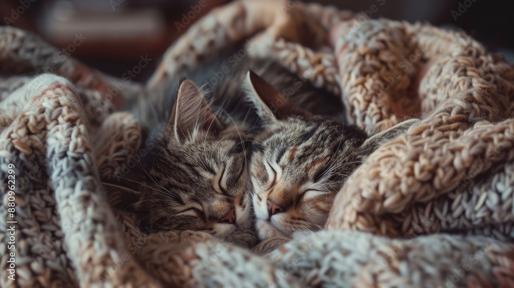 Two cute domesticated cats sleeping together, nestled on a cozy blanket in a warm living room, peaceful and heartwarming atmosphere Two cute domesticated cats sleeping together, nestled on a cozy blanket in a warm living room, peaceful and heartwarming atmosphere