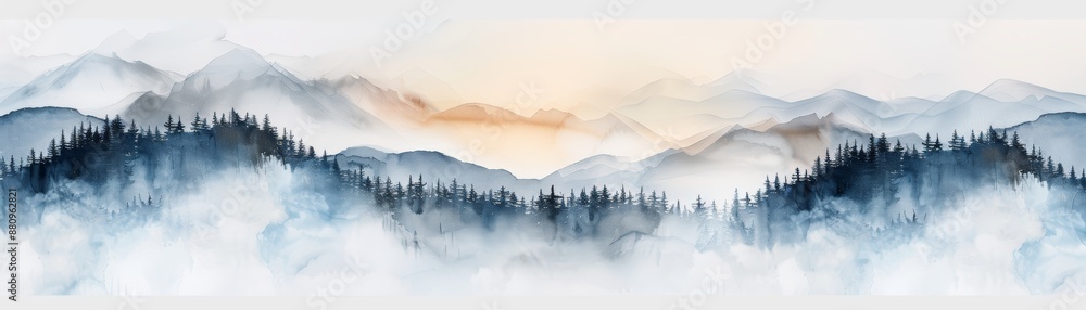 custom made wallpaper toronto digitalSerene watercolor landscape with misty mountains and forest, capturing the tranquility and beauty of nature at sunrise.