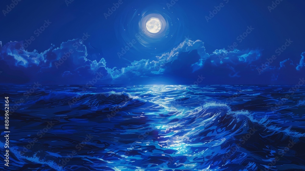 Fototapeta premium Moonlit ocean waves under a vibrant night sky