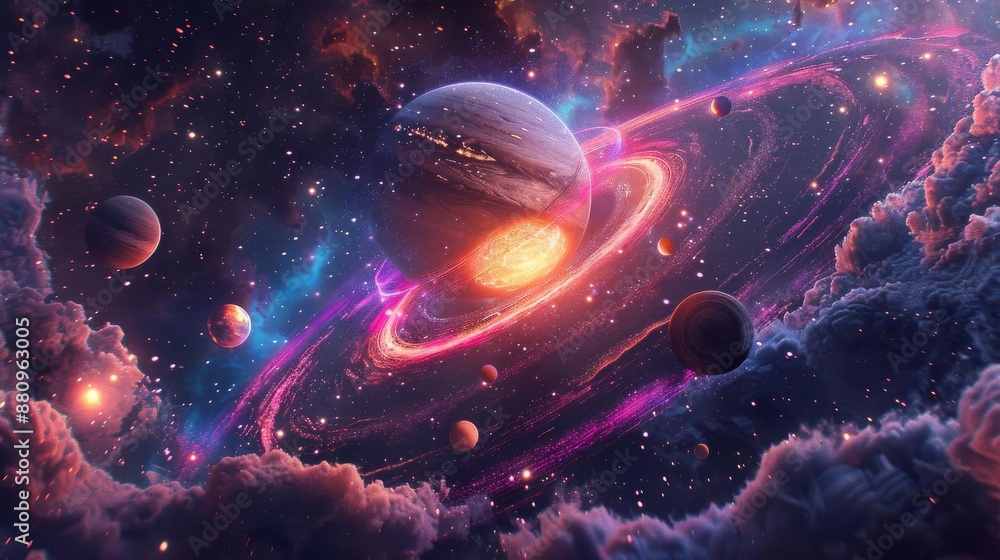 A dreamy outer space illustration featuring a ring encircling a collection of colorful planets The planets have swirling patterns and are set against a dark A dreamy outer space illustration featuring a ring encircling a collection of colorful planets The planets have swirling patterns and are set against a dark