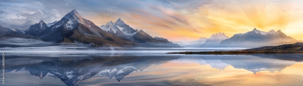 Breathtaking sunrise over tranquil lake reflecting majestic mountains and calm skies, creating a serene and picturesque landscape. Breathtaking sunrise over tranquil lake reflecting majestic mountains and calm skies, creating a serene and picturesque landscape.