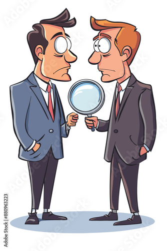 Businessmen Analyzing Each Other with Magnifying Glass, Questioning Trust and Transparency