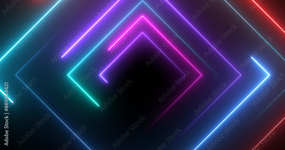 Neon disco light square shape luminous laser-like geometric bg. Round-turning radio magician show nightlife club loop. Glitter glowing illuminated fantasy. Cyber endless tunnel 3d stage. Neon disco light square shape luminous laser-like geometric bg. Round-turning radio magician show nightlife club loop. Glitter glowing illuminated fantasy. Cyber endless tunnel 3d stage.