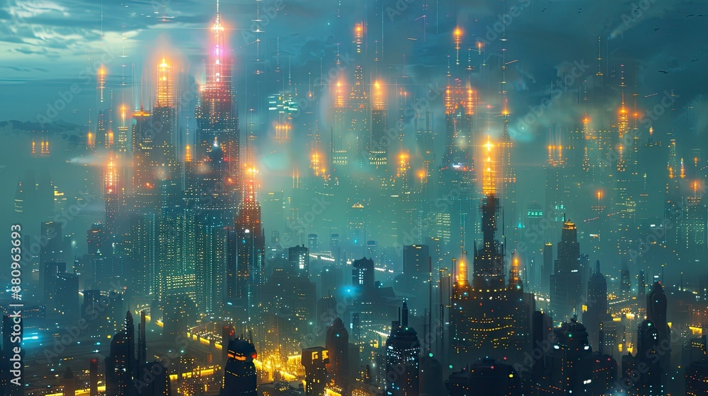 Fototapeta premium Futuristic city skyline with digital twins of buildings for real-time maintenance monitoring