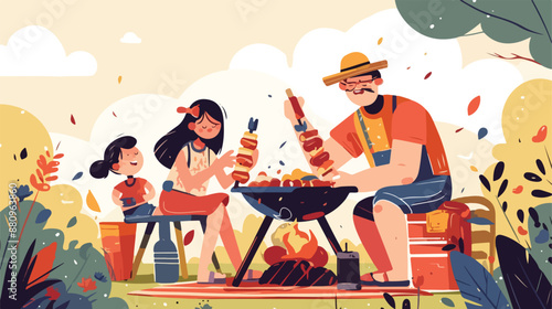 BBQ party. Parent and children. Eating on nature back