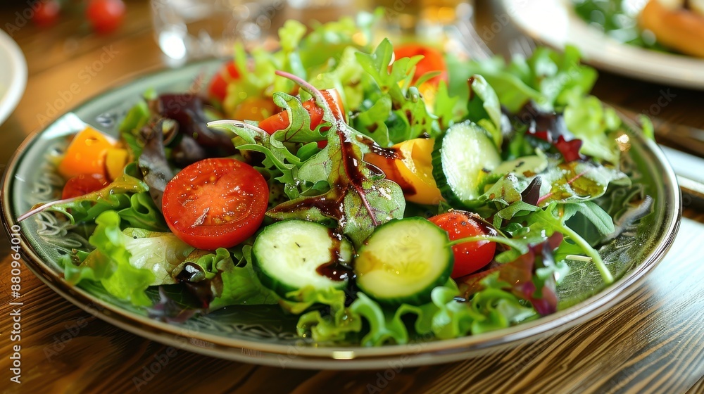 Vibrant Fresh Salad with Mixed Greens and Balsamic Vinaigrette on Rustic Wooden Table in Cozy Restaurant Vibrant Fresh Salad with Mixed Greens and Balsamic Vinaigrette on Rustic Wooden Table in Cozy Restaurant