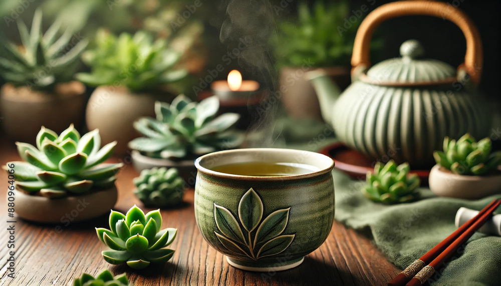 Fototapeta premium Healthy cup of steaming green tea with matching teapot sitting on wood table surrounded by succulents.