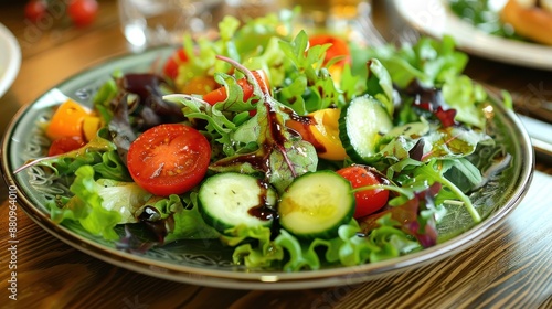 Vibrant Fresh Salad with Mixed Greens and Balsamic Vinaigrette on Rustic Wooden Table in Cozy Restaurant