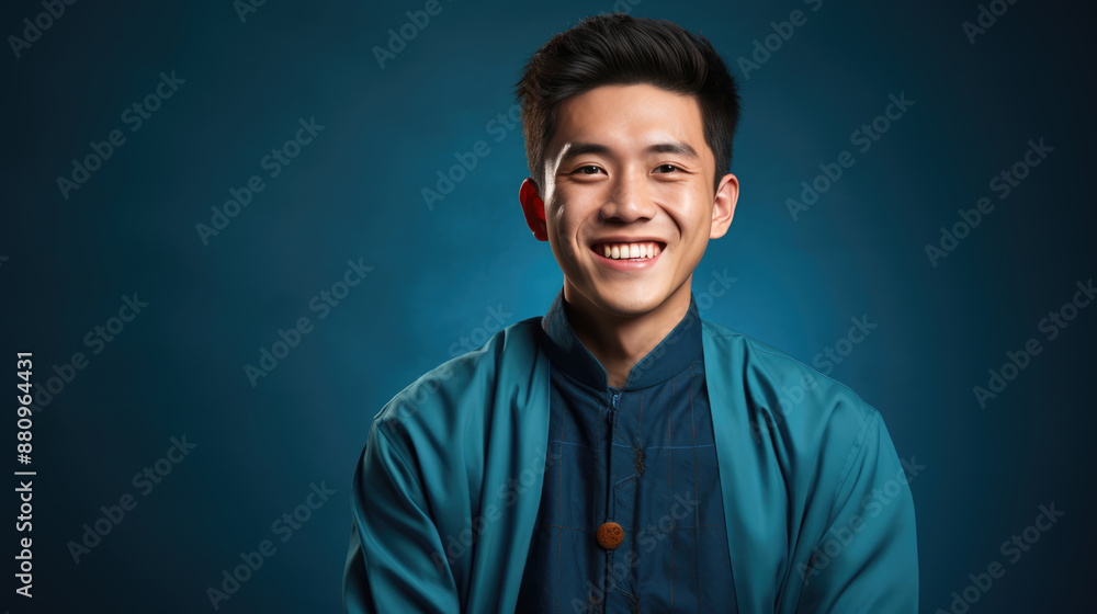generated illustration happy Asian man smiling with traditional clothing on color background. generated illustration happy Asian man smiling with traditional clothing on color background.