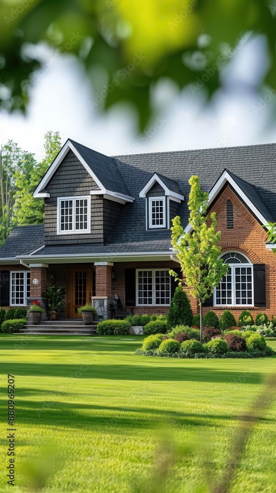 Beautiful suburban house with sold sign in yard sunny day green lawn real estate photo Beautiful suburban house with sold sign in yard sunny day green lawn real estate photo