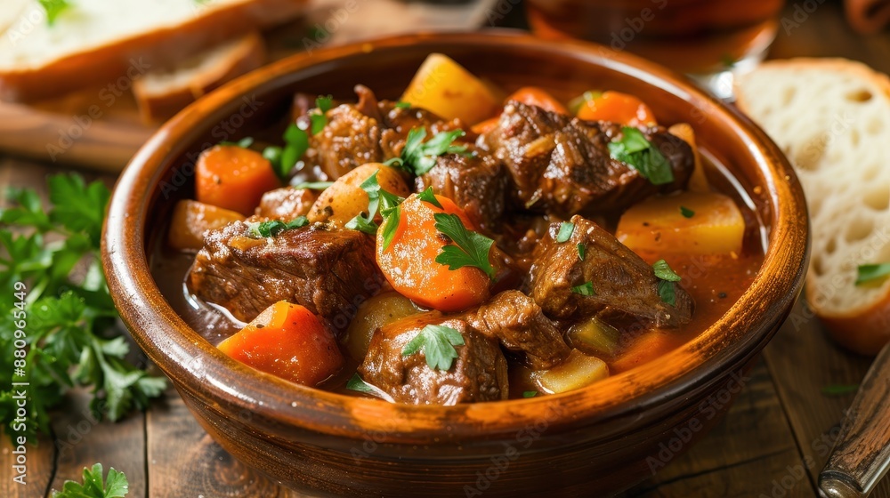 Hearty Beef Stew with Tender Meat, Potatoes, Carrots, and Fresh Parsley, served with Crusty Bread Hearty Beef Stew with Tender Meat, Potatoes, Carrots, and Fresh Parsley, served with Crusty Bread