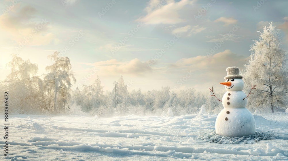 Obraz premium a snowman standing in the middle of a field of snow with a setting sun in the background