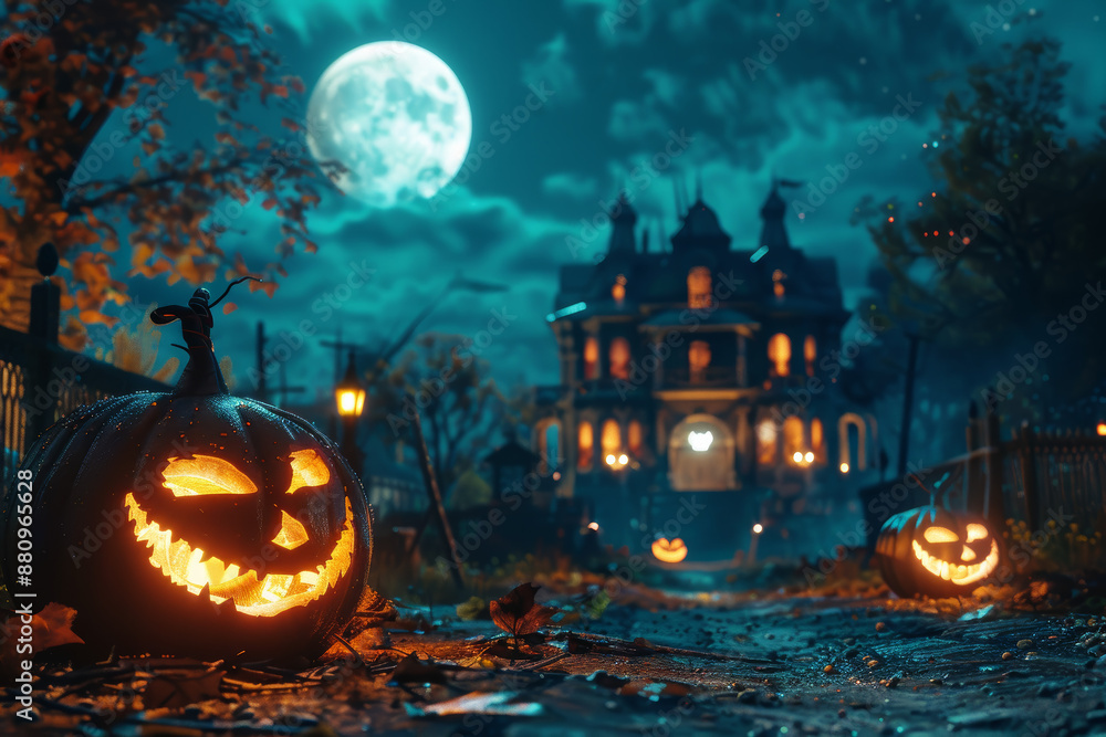 Glowing Jack-o'-Lanterns Near Haunted House Glowing Jack-o'-Lanterns Near Haunted House