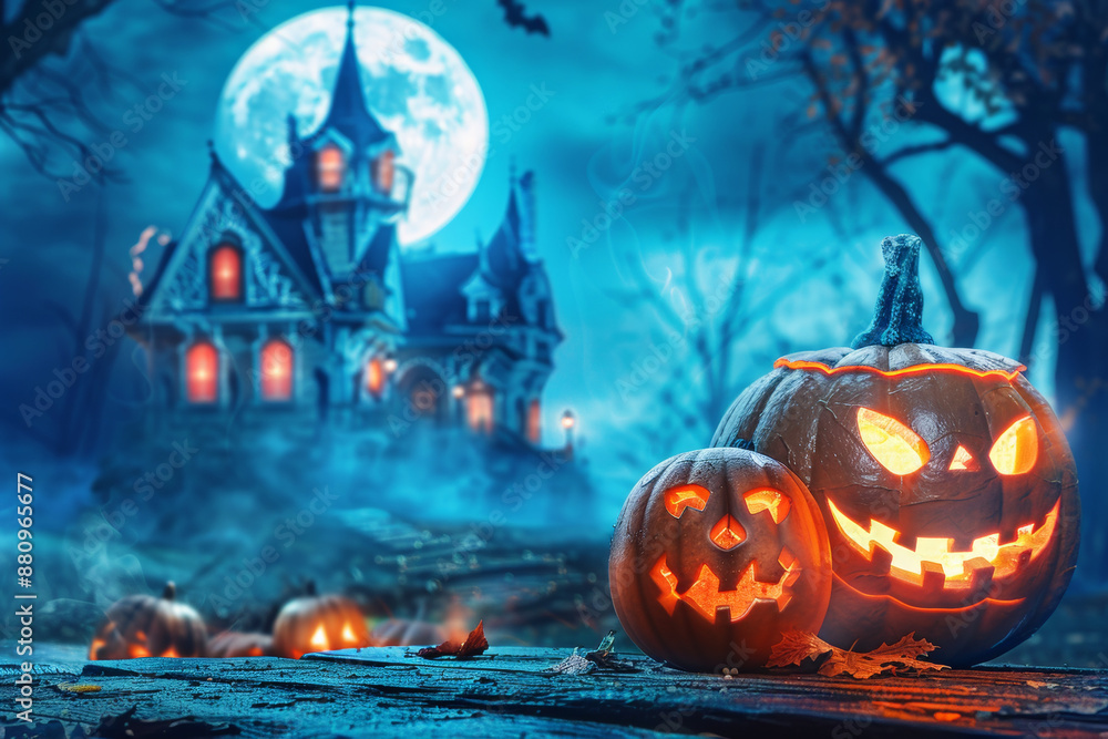 Glowing Jack-o'-Lanterns Near Haunted House Glowing Jack-o'-Lanterns Near Haunted House